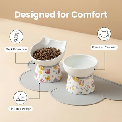 Elevated Ceramic Cat Bowls, 15°Raised Cat Food Bowl, Whisker Friendly Anti Vomiting Cats Dishes, Anti Vomiting & Protect Pet's Spine, Feeder Dish for Indoor Kitty and Small Dogs (Cat Pattern) - color: Cat pattern
