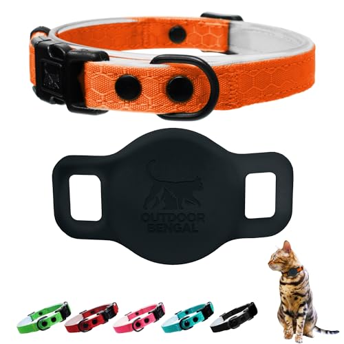 OutdoorBengal Breakaway Cat Collar + Airtag Holder, No Bell - Compatible Silicone Case, Breakaway Airtag Cat Collar for Apple Air Tag - Waterproof Tracking Collars - Boy, Girl, Cats, Kittens (Orange) - color: Saffron Orange