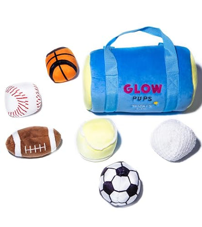 Glow Pups Dog Toy Sports Bag Hide and Seek Interactive Dog Toy with 6 Plush Squeaky Balls, Crinkle 10 Inches Long, Soft Plush, Blue and Yellow Sports Bag with Basketball, Soccer and Football - style: Sports Bag with Basketball, Soccer and Football Plush D