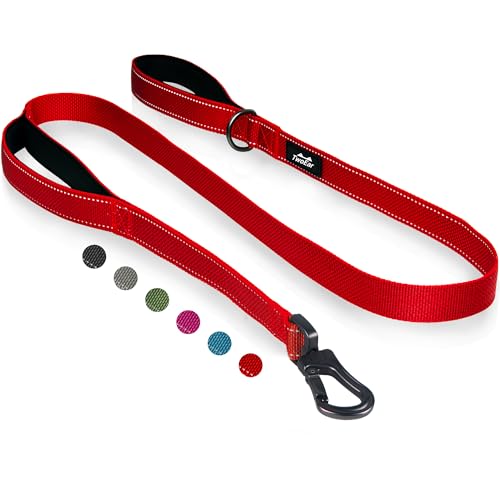 TwoEar 4FT 1IN Strong Red Dog Leash with 2 Padded Handles, Traffic Handle Extra Control, Comfortable Soft Dual Handle, Auto Lock Hook, Reflective Walking Lead for Small Medium and Large Dogs - color: Red, size: 1 in x 4 ft