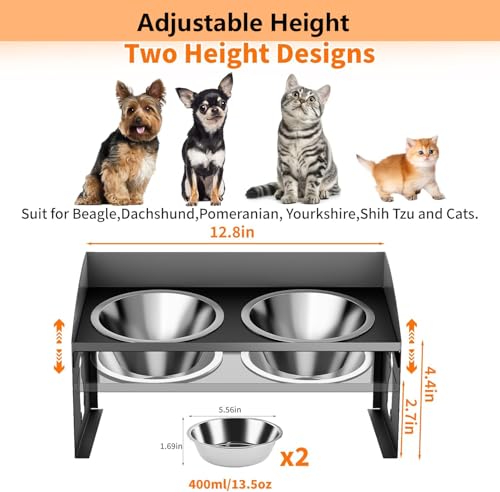 Elevated Cat Bowls with Splash Proof, 12°Tilted No Spill Raised Cat Food Water Bowls Set, Stainless Steel Pets Dishes with Adjustable Cute Metal Stand for Indoor Kitten Puppy, Anti-Vomiting