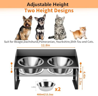 Elevated Cat Bowls with Splash Proof, 12°Tilted No Spill Raised Cat Food Water Bowls Set, Stainless Steel Pets Dishes with Adjustable Cute Metal Stand for Indoor Kitten Puppy, Anti-Vomiting