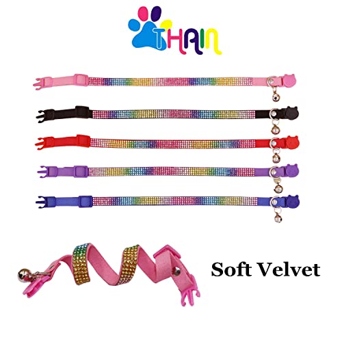THAIN Bling cat Kitten Collar Rainbow Rhinestone Breakaway Diamond with Bell Soft Velvet Quick Release (Black) - color: Black