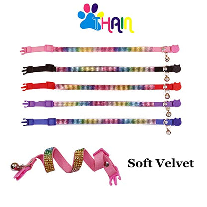 THAIN Bling cat Kitten Collar Rainbow Rhinestone Breakaway Diamond with Bell Soft Velvet Quick Release (Black) - color: Black