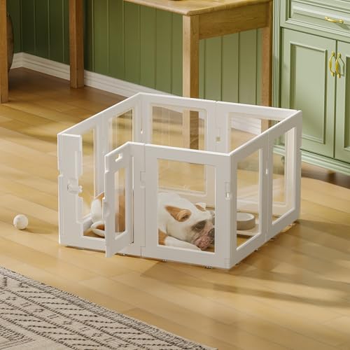 Clear Acrylic Dog Playpen Indoor, Puppy Cat Small Pet Play Pen, Easy Assemble & Disassemble Sturdy Plastic Dog Fence with Heavy Duty Door Lock (24In H, 8PCS), White - color: White, style: 8 Panels - 24 In