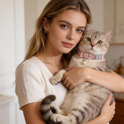 Xinjoduz 2 Pack Pink Cotton Cat Collars for Girl Cats, Cute Pearl Bow Kitten Collar Breakaway Safety Buckle Cats Pet Collars Adjustable from 7.9 to 11.8 Inches