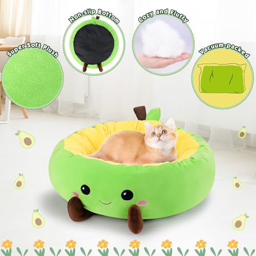 Avocado Heated Cat Bed - Cute Round Dog Bed for Winter, Warming Pet Bed for Indoor Cats & Small Dogs, Washable Calming Nest with Heating Pad & Timer, Green Pet Heating Pad for Cats and Dogs
