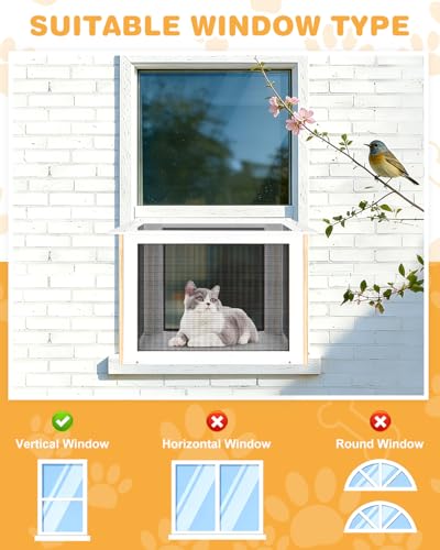 Cat Window Box, Wooden Outdoor Catio Window Enclosure with Clear Acrylic Roof & Bug-Proof Mesh, Universal Cat Window Perch with PVC Curtain for Sunbathing & Napping, Fits Vertical Windows 25"–43" W