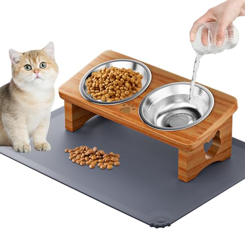 Elevated Cat Bowls with Silicone Mat, 15° Tilted Solid Wood Stand, Raised Stainless Steel Food & Water Dishes for Cats and Small Dogs, Anti-Vomiting Design(Teak) - color: Teak