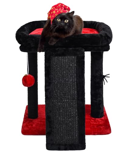 SYANDLVY Small Gothic Cat Tree for Indoor Cats, Scratching Board with Perch, Cat Scratching Post for Adults, Cat Post Scratcher, 2 Dangling Balls Great for Kittens - color: Black & Red