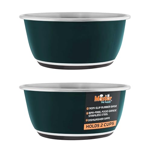 Master Pet Supply Stainless Steel Dog Bowls Set of 2 (16 Oz Each) with Non-Slip Rubber Base - Emerald Sea - Basic Dog Food Bowl Water & Food Bowls for Small Medium Large Dogs & Cats, Metal Dish - color: Emerald Sea, size: 2 Cups (16 oz) 2 Pack