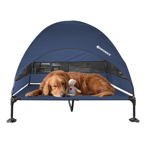 Elevated Dog Bed with Removable Canopy Portable Outdoor Pet Cot Waterproof 600D Oxford Fabric Anti Slip Feet for Large Dogs Camping Beach Indoor and Outdoor Use - color: Navy, size: 50"L x 32.6"W x 43"Th