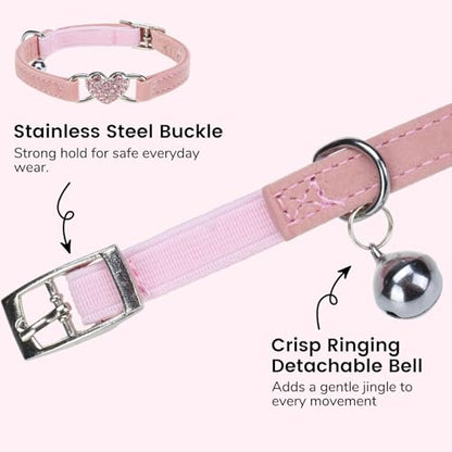BINGPET Diamond Cat Collar,Adjustable Soft Velvet Leather Safe Kitten Collar with Crystal Heart Charm and Bells,Girl Boy Bling Stylish Cat Collars with Safety Elastic (Pink, Neck Girth 8"-10") - color: Pink(Heart), size: Neck Girth 8"-10"