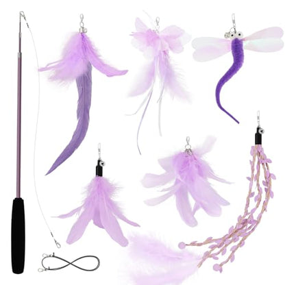 Cat Wand Toys for Indoor Cats - Cat Toy Set with Retractable Teaser Wand and 6 PCS Fairy Feather Toy Refills, Dragonfly Tassel Cat Toys Interactive, Purple - color: Purple