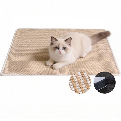 Cat Scratcher Mat, 23.6"x 15.7" Natural Sisal Cat Scratch Mat with Velcro Tape, Scratching Rug Pad for Indoor Cats, Furniture Protector, Floor Carpet, Wall Pad, M, Beige - size: 23.6"x 15.7"