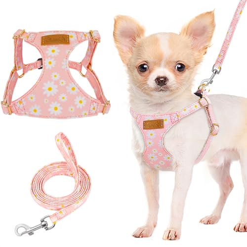 Lukovee Puppy Harness and Leash Set, No Pull Lightweight Soft Suede Adjustable Pet Harness Vest with Snap Buckle for Puppy Small and Medium Size Dog (Pink-S) - color: Pink Daisy, size: Small ( 9-17.5lb )