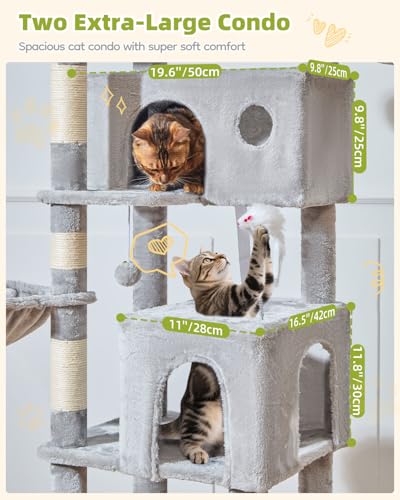 Taoqimiao Cat Tree Tower, 76-Inch Sturdy Cat Tree for Indoor Cats Large Adult Cat Tower with Scratching Posts，2 Condos, 2 Perches, 2 Large Hanging Baskets, Soft Hammock, MS046W Light Gray - color: Light Gray