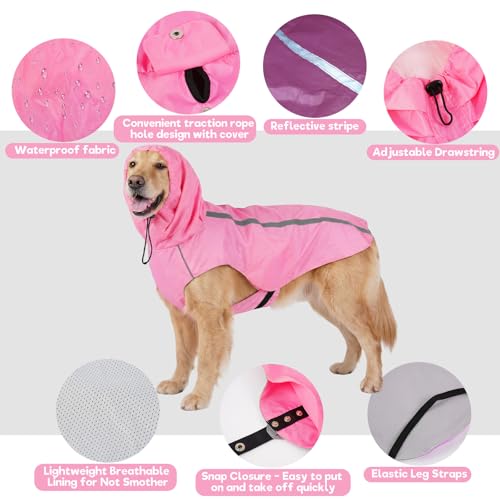Dog Raincoat with Reflective Strip Hoodie, Waterproof Dog Raincoats, Adjustable Lightweight Hooded Poncho Dog Rain Jacket, Snowproof Windproof Clothes, Dog Raincoat for Large Dogs - color: Pink, size: L