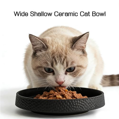 8 Inch Wide Ceramic Cat Bowl, Whisker Fatigue Relief Shallow Cat Food Bowl, Heavy Weight Non-Tip Pet Feeding Bowl, Matte Black Hammered Texture Cat Water Bowl for Cats & Small Dogs