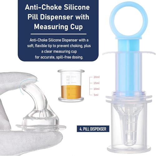 Pill Shooter for Cats Dogs, 5-in-1 Pet Medication Kit with Pill Popper Gun, Liquid Syringe, Anti-Choke Dispenser, Pill Cutter Grinder & Pet Grooming Deshedding Brush Glove | Reusable Safe
