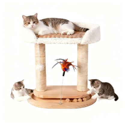 5-in-1 Small Wooden Cat Tree Tower,16.5''H Natural Sisal Cat Scratching Post Climbing Tower with Bed,Interactive Cat Feather Toy,Ball Track Toy for Kittens and Indoor Cats,White - style: Double-layer