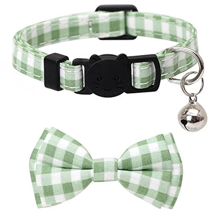 2 Pack/Set Cat Collar Breakaway with Cute Bow Tie and Bell Plaid Flower for Kitty Adjustable Safety - color: Green