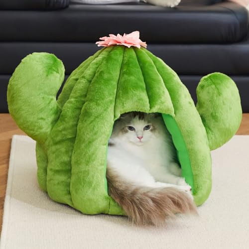 VETRESKA Cactus Cat Beds for Indoor Cats - Warm Cat House Pet Bed for Large Cat or Small Dog, Animal Cave Cat Tent Kitten Bed with Removable Washable Cushion