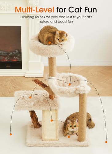 Letkind 38" Modern Cat Tree Tower for Large Indoor Cats, Perches-Natural Solid Wood Cat Tower with Sisal Scratching Post, Perches, Basket & Scratching Post, Aesthetic Boho Cat Furniture - size: 38" Wood Cat tree