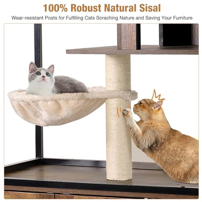Cat Litter Box Furniture Enclosure 4 Levels Cat Tree Hidden Cabinet with Storage and Scratch,4 Tiers