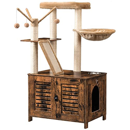 HOOBRO Cat Tree with Litter Box Enclosure, 44" Tall Wooden Cat Tower with Scratching Posts, Cat Hammock, Hidden Litter Box Furniture, All-in-One Indoor Cat Condo, Rustic Brown FG48MZ03 - color: Rustic Brown