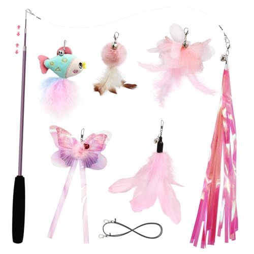 Cat Wand Toys for Indoor Cats - Cat Toy Set with Retractable Teaser Wand and 6 PCS Fairy Feather Toy Refills, Butterfly Tassel Plush Cat Toys Interactive, Pink - color: Pink