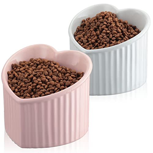 Mumufy 2 Pcs Ceramic Elevated Cat Bowls Tilted Elevated Raised Pet Bowls Anti Vomit Cat Dish for Indoor Stress Free Water Dish Feeder for Puppies, Heart Shaped(Pink, White) - color: Pink, White