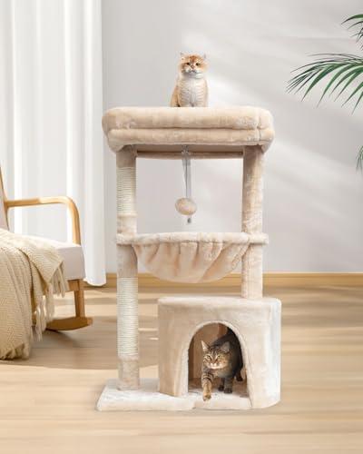 SYANDLVY Small Cat Tree for Indoor Cats, Kittens Condo with Scratching Post and Board, Modern Activity Tower with Cradle, Beige - color: Beige