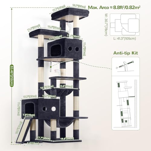 Globlazer Multi-Level Tall Cat Tower 83 inch Sturdy Extra Large Heavy Duty Cat Tree for Indoor Large Adult Cats Kittens with 2 Cat Condo, 8 Scratching Post, 2 Hammock, S83G, Dark Grey - color: Dark Grey