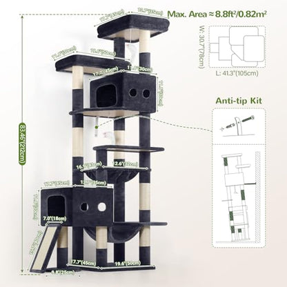 Globlazer Multi-Level Tall Cat Tower 83 inch Sturdy Extra Large Heavy Duty Cat Tree for Indoor Large Adult Cats Kittens with 2 Cat Condo, 8 Scratching Post, 2 Hammock, S83G, Dark Grey - color: Dark Grey