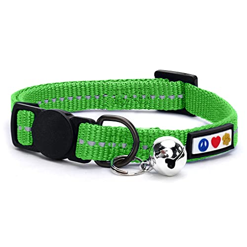 Pawtitas Recycled Green Reflective Cat Collar – Eco-Friendly Breakaway Safety Buckle, Adjustable Kitten & Adult Collar with Removable Bell and High-Visibility Strap - color: Recycled Green