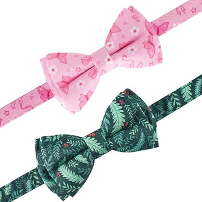2 Pack Breakaway cat Collar with Bow Tie and Bell,Adjustable Soft Cotton Pet Collar with Pink and Red Bow Patterned Design for Kitten Adult Cats (Green Plant & Pink Butterfly) - color: Green Plant & Pink Butterfly