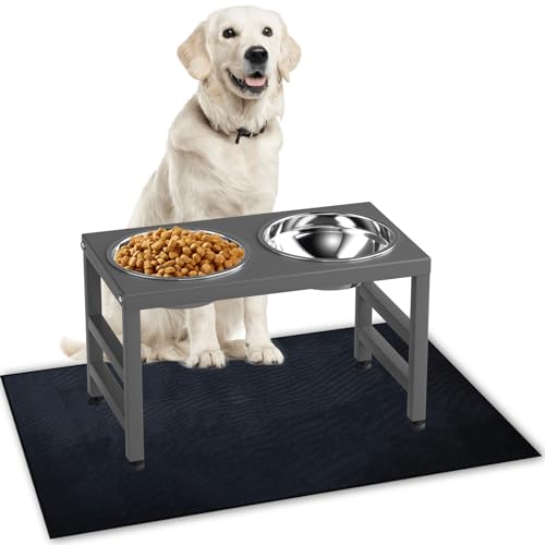 ADENGL Metal Raised Dog Bowl, 10" Height Tall Elevate Dog Feeder Stand with 2 Stainless Steel 42oz Bowls & 16x24 Non-Slip Mat – Stronger Dogs Food & Water Bowl Stand (Grey) - color: Grey - L Black Dog Mat, size: Height-10inch