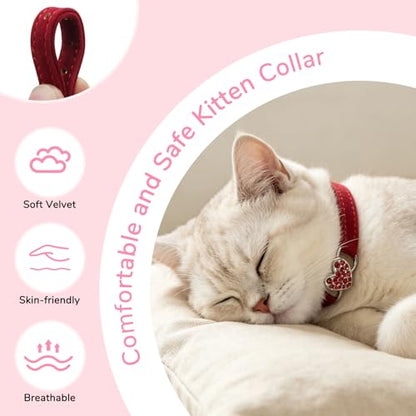 BINGPET Diamond Cat Collar,Adjustable Soft Velvet Leather Safe Kitten Collar with Crystal Heart Charm and Bells,Girl Boy Bling Stylish Cat Collars with Safety Elastic (Red, Neck Girth 8"-10" - color: Red(Heart), size: Neck Girth 8"-10"
