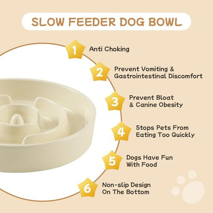 Havniva 6.1” Raised Slow Feeder Dog Bowls Set, 0.9 Cups Ceramic Slow Feeder Dog Bowl and 6.1” Dog Water Bowl with Elevated Wooden Stand Puzzle Dog Food Bowl for Small Dogs Anti-Gulping & Anti-Choking - color: 2 x Light Yellow+Stand-A, size: 6.1inch-New