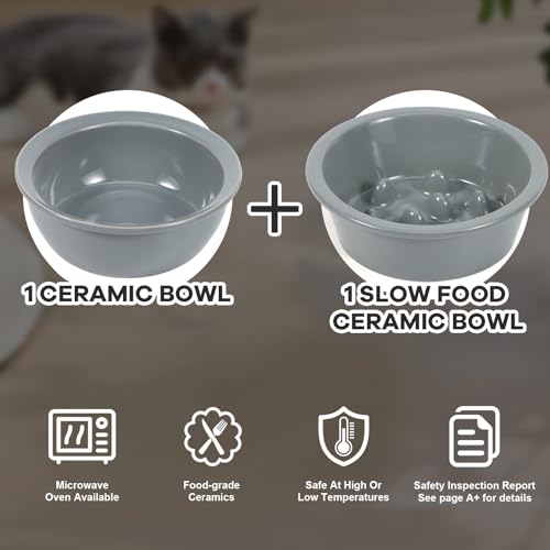 LEAWALK Upgraded Adjustable Height Cat Food Bowls Stand Ceramic Dog Bowls and Slow Feeder Cat Bowl, 15°Tilted Stand Anti Vomiting Raised for Small and Medium Sized Cats Dogs (Grey (2 Bowl+Pet mat)) - color: Grey ( 2 Bowl+Pet mat)
