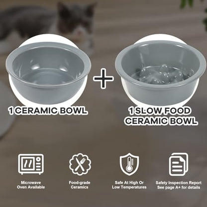 LEAWALK Upgraded Adjustable Height Cat Food Bowls Stand Ceramic Dog Bowls and Slow Feeder Cat Bowl, 15°Tilted Stand Anti Vomiting Raised for Small and Medium Sized Cats Dogs (Grey (2 Bowl+Pet mat)) - color: Grey ( 2 Bowl+Pet mat)