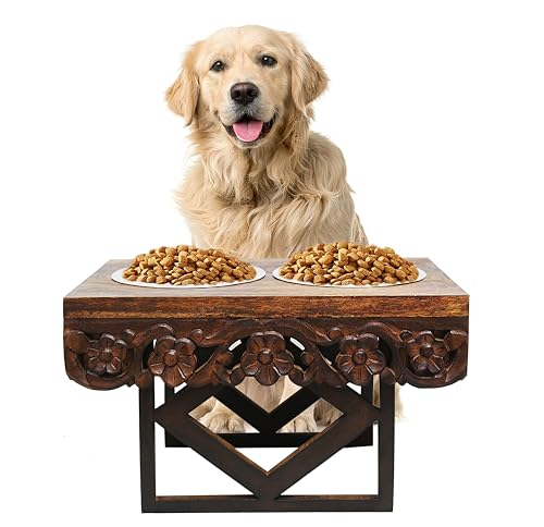 Elevated Pet Feeder for Dogs and Cats - The Bali Carved Wood Pet Feeding Stand with Two Stainless Steel Bowls - Three Heights Adjustable Raised Dog Bowl - Food Water Pet Feeding Station - IRONGATE - color: The Bali Hand Carved Wood - Adjustable