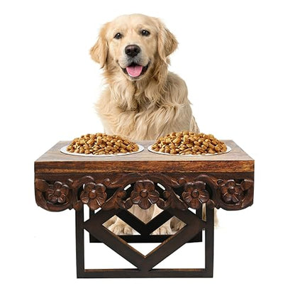 Elevated Pet Feeder for Dogs and Cats - The Bali Carved Wood Pet Feeding Stand with Two Stainless Steel Bowls - Three Heights Adjustable Raised Dog Bowl - Food Water Pet Feeding Station - IRONGATE - color: The Bali Hand Carved Wood - Adjustable