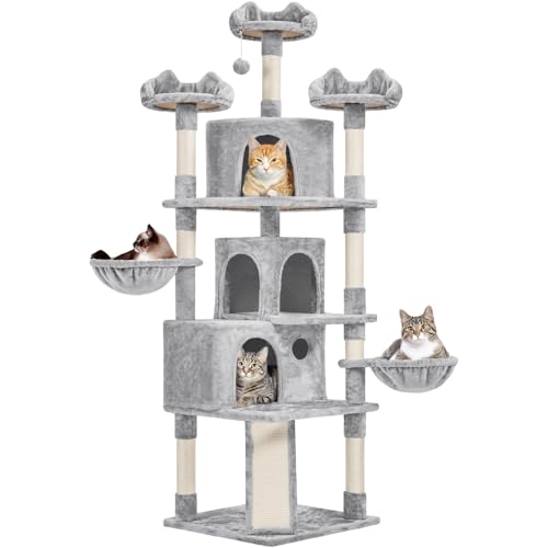 Yaheetech 76.5in Multi-Level Large Cat Tree, Big Cat Tower with 3 Condos, Cozy Plush Perches, 9 Sisal Scratching Posts and Ladder, Activity Center for Large Kitties, Light Gray - color: Light Gray