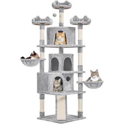 Yaheetech 76.5in Multi-Level Large Cat Tree, Big Cat Tower with 3 Condos, Cozy Plush Perches, 9 Sisal Scratching Posts and Ladder, Activity Center for Large Kitties, Light Gray - color: Light Gray