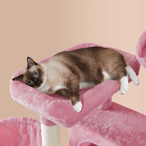 Yaheetech 64.5in Extra Large Cat Tree, Multi-Level Sturdy Tower with 2 Perches, 2 Condos, 5 Sisal Scratching Posts, Hammock Basket & Dangling Balls, Ideal for Large Kitty Multi-Cat Households, Pink - color: Pink, size: 64.5in