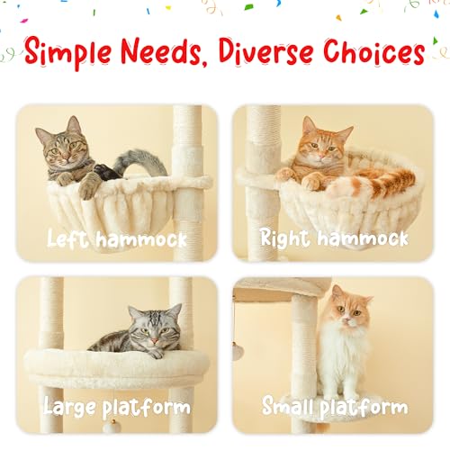 Cat Tree, Floor to Ceiling Cat Tower Adjustable Height [92.9-102.4 in=235-258cm], 7 Tiers Cat Climbing Play House with Scratching Post, Cozy Condo & Hammocks for Indoor Cats, Beige - color: Beige