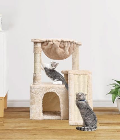 SYANDLVY Cat Tree for Indoor Cats Large Adults, Modern Activity Tower with Scratching Posts & Board, Condo with Plush Perch, Climbing Stand with Cradle & Hanging Ball for Play, Beige - color: Beige