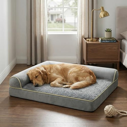 Orthopedic Dog Bed for Large Dogs 40 x 24Inch, L Shaped Memory Foam Pet Bed with Sides, Comfortable Dog Couch with Removable Washable Arctic Velvet Cover & Non-Slip Bottom, Gray - size: 39.4" L x 23.7" W x 7.5" H--With sides